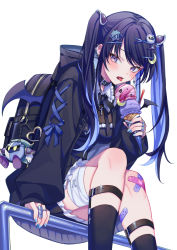 Rule 34 | 1girl, :p, backpack, bag, bandaid, bandaid on knee, bandaid on leg, black hair, black hoodie, black socks, blue bow, blue hair, blue nails, blue ribbon, bow, breasts, buckle, colored inner hair, cross, cross necklace, crossed legs, demon wings, dot nose, double scoop, ear piercing, food, frilled shirt collar, frills, hair ornament, heart, highres, holding, holding food, hood, hood down, hoodie, ice cream, ice cream cone, jewelry, jirai kei, charm (object), kirby, light blush, long hair, looking to the side, meta knight, moon (ornament), multicolored hair, nail polish, necklace, original, parted lips, piercing, purple eyes, purple theme, railing, ribbon, ribbon-trimmed sleeves, ribbon trim, safety pin, simple background, sitting, small breasts, socks, solo, star (symbol), star in eye, strap, suzaku (zaku6584), symbol in eye, tongue, tongue out, twintails, two-tone hair, white background, wings, zipper, zipper pull tab