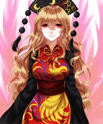 Rule 34 | 1girl, absurdres, bad id, bad pixiv id, blonde hair, blood, bloody tears, chinese clothes, cowboy shot, crescent, crying, crying with eyes open, energy, fire, hair between eyes, hat, highres, junko (touhou), long hair, long sleeves, looking at viewer, obi, pink fire, red eyes, sash, sheya, smile, solo, tabard, tassel, tears, touhou