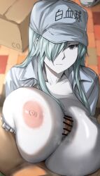 Rule 34 | 1boy, 1girl, 1other, aqua eyes, aqua hair, bar censor, blur censor, box, breast press, breasts, breasts out, cafekun, cardboard box, censored, clothed female nude male, collarbone, expressionless, floor, from above, hair over one eye, hands on own chest, hat, hataraku saibou, hetero, huge breasts, indoors, large areolae, long hair, looking at viewer, mosaic censoring, neck, nipples, no bra, nude, one eye covered, open clothes, paizuri, pale skin, penis, pov, pov crotch, shirt, shoes, sidelocks, sitting, solo focus, steam, tiles, topless, u-1196, unbuttoned, unbuttoned shirt, upper body, white blood cell (hataraku saibou), white shirt
