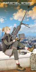 Rule 34 | 1girl, anti-materiel rifle, backpack, bag, binoculars, blonde hair, blue eyes, boots, building, fingerless gloves, gloves, gun, highres, iris (material sniper), leggings, lips, magazine (weapon), material sniper, open clothes, open vest, rifle, rooftop, scope, shaman (shamans), short ponytail, shorts, sitting, skyscraper, sniper rifle, solo, vest, weapon