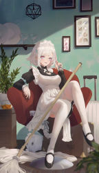 Rule 34 | 1girl, absurdres, apron, bad id, bad pixiv id, blush, breasts, chair, cirilla lin, commentary request, cup, drinking glass, green nails, highres, lips, maid, maid apron, maid headdress, medium breasts, mop, nail polish, original, parted lips, picture frame, pink eyes, plate, seashell, shelf, shell, short hair, sitting, solo, sparkle, suitcase, teapot, thighhighs, wall, white hair, white thighhighs, wine glass