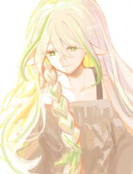 Rule 34 | 1girl, bra strap, braid, closed mouth, commentary request, dangeroussbd, genshin impact, green eyes, green hair, grey hair, grey sweater, hair between eyes, hair over shoulder, highres, korean commentary, long hair, looking down, multicolored hair, pointy ears, rukkhadevata (genshin impact), simple background, single braid, solo, streaked hair, sweater, two-tone hair, upper body, white background