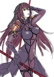 Rule 34 | 1girl, bodysuit, breasts, covered navel, dual wielding, fate/grand order, fate (series), gae bolg (fate), holding, holding weapon, kishizuka kenji, long hair, looking at viewer, parted lips, purple hair, red eyes, scathach (fate), scathach (fate), simple background, solo, veil, weapon, white background