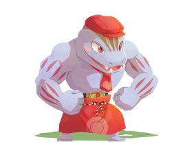 Rule 34 | 1boy, apron, artist request, belt, blush, blush stickers, cabbie hat, clenched hands, clothed pokemon, creatures (company), fangs, full body, game freak, gen 1 pokemon, happy, hat, machoke, male focus, muscular, neckerchief, nintendo, no humans, official art, open mouth, poke ball symbol, poke ball theme, pokemon, pokemon (creature), pokemon cafe remix, red eyes, red hat, red neckerchief, ribbon, simple background, smile, solo, standing, transparent background