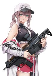 Rule 34 | 1girl, absurdres, ar-57, ar-57 (girls&#039; frontline), bare shoulders, baseball cap, black pantyhose, black shirt, blue eyes, commentary request, cowboy shot, crop top, dolphin shorts, earrings, girls&#039; frontline, gun, hat, highres, holding, holding gun, holding weapon, jacket, jewelry, lithographica, long sleeves, looking at viewer, midriff, off shoulder, pantyhose, pink hair, pistol-caliber carbine, ponytail, red shorts, shirt, shorts, simple background, single leg pantyhose, sleeveless, sleeveless shirt, smile, solo, weapon, white background, white hat, white jacket