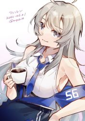 Rule 34 | 1girl, ahoge, blue necktie, coffee, collared shirt, cup, grey eyes, kantai collection, long hair, necktie, one-hour drawing challenge, shirt, simple background, sleeveless, sleeveless shirt, solo, u yuz xx, upper body, washington (kancolle), white background, white shirt
