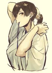 Rule 34 | 10s, 1girl, adjusting hair, bad id, bad twitter id, blue ribbon, brown hair, bunching hair, fukazaki (g425hw45), hair ribbon, japanese clothes, kaga (kancolle), kantai collection, long hair, looking at viewer, mouth hold, ribbon, ribbon in mouth, simple background, solo, upper body, wide sleeves