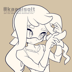 Rule 34 | 1girl, closed mouth, frown, head tilt, highres, holding, holding own hair, inkling, inkling girl, inkling player character, kaaaisolt, looking to the side, monochrome, nintendo, pointy ears, simple background, solo, splatoon (series), tank top, tentacle hair, twitter username, upper body, white background, white hair