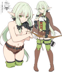 Rule 34 | 10s, 1boy, 1girl, armor, arrow (projectile), asymmetrical sleeves, black bow, black gloves, boots, bow, bow (weapon), cloak, convenient censoring, cropped legs, crossed arms, elf, flat chest, full body, gloves, goblin slayer, goblin slayer!, green eyes, green hair, hair bow, hair censor, hair over one breast, half-closed eyes, helmet, high elf archer (goblin slayer!), holding, holding weapon, hood, hooded cloak, leaning forward, long hair, low ponytail, navel, parted lips, pointy ears, shiseki hirame, short shorts, shorts, sidelocks, simple background, solo focus, text focus, thigh boots, thighhighs, topless, torn clothes, torn shorts, translation request, uneven sleeves, weapon, white background