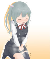 Rule 34 | 1girl, artist request, asymmetrical legwear, between legs, black dress, black socks, closed eyes, dress, drop shadow, embarrassed, female focus, gradient background, grey hair, hair ornament, hand between legs, have to pee, kantai collection, kasumi (kancolle), kneehighs, kneeling, long sleeves, looking at viewer, mismatched legwear, open mouth, own hands together, peeing, peeing self, pinafore dress, red ribbon, ribbon, shirt, side ponytail, simple background, sitting, sleeveless, sleeveless dress, socks, solo, steam, tears, thighhighs, trembling, v arms, white background, white shirt, yellow background, zettai ryouiki