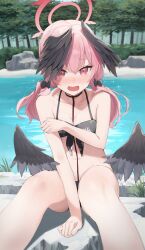 Rule 34 | 1girl, arm between legs, bare arms, bare legs, bare shoulders, bikini, black bikini, black wings, blue archive, blush, breasts, covering privates, covering breasts, dot nose, embarrassed, feathered wings, feet out of frame, hair between eyes, halo, head wings, highres, koharu (blue archive), koharu (swimsuit) (blue archive), looking at viewer, mirai (mirai76 ), navel, open mouth, persoective, pink eyes, pink hair, pink halo, sitting, small breasts, solo, stomach, swimsuit, thighs, tree, tsurime, twintails, water, wings