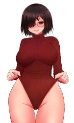 Rule 34 | 1girl, :d, arano oki, bare hips, black-framed eyewear, blush, breasts, brown hair, clothes lift, commentary request, cowboy shot, frontal wedgie, glasses, gluteal fold, groin, hair over one eye, highleg, highleg leotard, large breasts, leotard, leotard lift, lifted by self, long sleeves, looking at viewer, nose blush, open mouth, original, red eyes, red leotard, short hair, simple background, smile, solo, thigh gap, turtleneck, heattech leotard, wedgie, white background