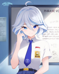 Rule 34 | 1girl, aether (genshin impact), ahoge, artist name, belt, blue eyes, blue necktie, blue skirt, blurry, cameo, collared shirt, commentary, depth of field, doodles, drop-shaped pupils, english commentary, english text, engrish text, furina (genshin impact), genshin impact, hair between eyes, heterochromia, highres, indonesia, indonesian flag, indonesian text, indoors, long hair, looking at viewer, low twintails, math, multicolored hair, necktie, pleated skirt, pointing, pointing at self, ranguage, school uniform, shirt, shizudraw, short sleeves, sidelocks, skirt, smile, solo, streaked hair, symbol-shaped pupils, twintails, two-tone hair, wavy hair, white hair, white shirt, whiteboard