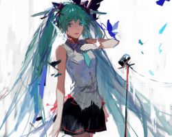 Rule 34 | 1girl, :d, absurdly long hair, aqua necktie, asymmetrical gloves, bad id, bad pixiv id, black skirt, blue eyes, breasts, bug, butterfly, cowboy shot, floating hair, gloves, green hair, hair between eyes, hair ornament, hatsune miku, insect, long hair, looking at viewer, microphone stand, miniskirt, necktie, open mouth, pleated skirt, shirt, short necktie, simple background, sketch, skirt, sleeveless, sleeveless shirt, smile, solo, standing, tang elen, uneven gloves, very long hair, vocaloid, white background, white gloves, white shirt
