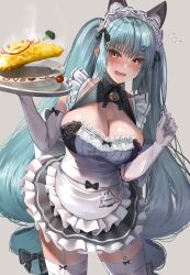 1girl absurdres animal_ear_fluff animal_ears apron bell black_bow black_dress black_ribbon blue_hair blush bow breasts broccoli cat_ears cherry_tomato cleavage commentary_request cowboy_shot dress elbow_gloves flying_sweatdrops food frilled_dress frills garter_straps gloves goddess_of_victory:_nikke grey_background hair_bow hands_up highres holding holding_tray ketchup lace lace-trimmed_dress lace_trim large_breasts long_hair looking_at_viewer maid maid_apron maid_headdress name_tag neck_bell neck_ribbon nose_blush omelet omurice open_mouth paw_hair_ornament plate privaty_(nikke) privaty_(unkind_maid)_(nikke) ribbon simple_background solo suika_(atelier-yuu) thighhighs tomato tray twintails waist_apron white_apron white_garter_straps white_gloves white_thighhighs yellow_eyes