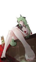 Rule 34 | 1girl, absurdres, animal ears, arknights, barefoot, blush, braid, breasts, feet, green eyes, green hair, harmonie (arknights), highres, large breasts, long hair, looking at viewer, open clothes, open shirt, pasties, shoes, unworn shoes, single shoe, sitting, steam, sweat, toes