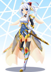 Rule 34 | 1girl, :o, armor, armored dress, black thighhighs, blue background, blue eyes, blush, braid, breasts, hair ornament, hair over shoulder, knight, large breasts, long hair, looking at viewer, open mouth, original, parted lips, silver hair, simple background, single braid, solo, sword, tantan021, thighhighs, underbust, weapon, weapon bag, zettai ryouiki