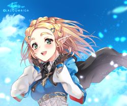 Rule 34 | 1girl, artist name, blonde hair, blue sky, blush, braid, breasts, cape, commentary, crown braid, day, fingerless gloves, gloves, green eyes, hair ornament, hairclip, highres, lazoomaiga, long sleeves, looking at viewer, medium breasts, nintendo, parted bangs, pointy ears, princess zelda, short hair, sky, smile, solo, the legend of zelda, the legend of zelda: breath of the wild, the legend of zelda: tears of the kingdom, thick eyebrows, upper body