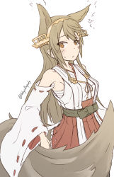 Rule 34 | 1girl, animal ears, armpits, blush, breasts, brown eyes, brown hair, cowboy shot, detached sleeves, fox ears, fox tail, frilled hakama, hair between eyes, hair ornament, hakama, hakama skirt, halcyon (halcyon90), haruna (kancolle), headgear, highres, japanese clothes, kantai collection, long hair, looking to the side, medium breasts, nontraditional miko, ribbon-trimmed sleeves, ribbon trim, rigging, sarashi, skirt, solo, surprised, sweatdrop, tail, twitter username, white background, wide sleeves