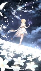 Rule 34 | 1girl, 707arisu, artist name, blonde hair, cloud, constellation, detached sleeves, dress, dutch angle, falling petals, feather hair ornament, feathers, flower, from behind, from below, genshin impact, hair ornament, high heels, highres, lumine (genshin impact), petals, romper, scarf, shooting star, short hair with long locks, sidelocks, sky, solo, thighhighs, white dress, white romper, white scarf
