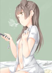 Rule 34 | 10s, 1girl, aftersex, bed, breasts, brown hair, cigarette, funyariko, holding, long hair, love live!, love live! school idol project, minami kotori, money, naked shirt, navel, open clothes, open shirt, prostitution, shirt, sitting, small breasts, smoking, solo, white shirt, yellow eyes