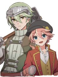 Rule 34 | 2boys, :d, apo 518, belt, belt buckle, black headwear, blue eyes, brothers, buckle, cecil (rune factory), closed mouth, hair between eyes, hammer, hat, highres, holding, holding hammer, holding magnifying glass, jacket, light green hair, looking at viewer, magnifying glass, martin (rune factory), multiple boys, open clothes, open jacket, open mouth, over shoulder, pink hair, red jacket, rune factory, rune factory 5, shirt, short hair, siblings, simple background, smile, turtleneck, vest, white background, white shirt, yellow eyes, yellow vest