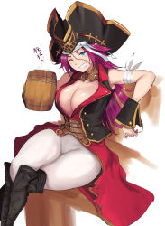 Rule 34 | 1girl, alp, armpits, bare shoulders, boots, breasts, cleavage, curvy, fate/grand order, fate (series), francis drake (fate), grin, hat, highres, large breasts, crossed legs, long hair, looking at viewer, one eye closed, pink hair, pirate hat, scar, simple background, sitting, smile, solo, thick thighs, thighs, translated, wide hips