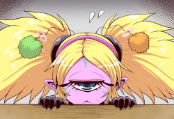 Rule 34 | 1girl, :&lt;, annoyed, antennae, black gloves, blonde hair, blue eyes, colored skin, commentary request, cyclops, eyelashes, eyewon (precure), gloves, hair ornament, hairband, highres, jitome, neggu (kojimagen), one-eyed, parted bangs, pink skin, pointy ears, precure, star twinkle precure, sweatdrop, twintails, unamused