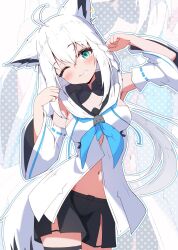 Rule 34 | 1girl, ahoge, animal ear fluff, animal ears, aqua eyes, black shorts, blue neckerchief, braid, breasts, commentary request, detached sleeves, drawstring, earrings, fox ears, fox girl, fox tail, grin, hair between eyes, hands up, highres, hololive, hood, hoodie, jewelry, large breasts, long sleeves, looking at viewer, midriff, navel, neckerchief, one eye closed, sen (sen42724788), shirakami fubuki, shirakami fubuki (1st costume), short shorts, shorts, side braid, sidelocks, single earring, smile, solo, tail, thigh strap, virtual youtuber, white hair, white hoodie, white sleeves, wide sleeves
