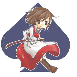 Rule 34 | 1girl, apron, boots, brown eyes, brown hair, dress, hitobashira alice (vocaloid), lowres, meiko (vocaloid), mikage (hotair), mikage (pixiv341935), short hair, smile, solo, spade, sword, vocaloid, weapon