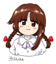Rule 34 | 1girl, 2023, brown eyes, brown hair, closed mouth, dated, hair ribbon, long hair, looking at viewer, nonamejd, official style, parted bangs, red ribbon, ribbon, rika (touhou), simple background, solo, touhou, touhou (pc-98), upper body, white background, zun (style)