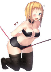 Rule 34 | 1girl, arms behind back, bad id, bad pixiv id, bandeau, bare shoulders, bdsm, black thighhighs, blonde hair, blue eyes, blush, breasts, claire (cyphers), cleavage, collar, collarbone, cyphers, drooling, fishnet thighhighs, fishnets, k pring, kneeling, large breasts, looking at viewer, midriff, navel, one eye closed, open mouth, pussy juice, rope, saliva, short shorts, shorts, simple background, solo, strapless, teeth, thighhighs, thighs, through clothes, trembling, tube top, white background