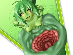 Rule 34 | 1girl, black sclera, breasts, colored sclera, colored skin, extra mouth, female focus, game cg, grabbing own breast, green hair, green skin, mon-musu quest!, mon-musu quest: paradox, monster girl, nipples, nude, open mouth, plant girl, small breasts, smile, solo, yellow eyes