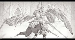 Rule 34 | 1boy, angel wings, armor, cape, feathers, fighting, final fantasy, final fantasy xiv, gauntlets, greyscale, highres, holding, holding sword, holding weapon, letterboxed, monochrome, paladin (final fantasy), pauldrons, pouch, ricemune723623, shield, shoulder armor, statue, sword, weapon, wings