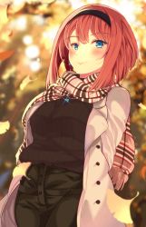 Rule 34 | 1girl, ark royal (kancolle), arms behind back, blue eyes, blue gemstone, blurry, blurry background, blurry foreground, blush, bob cut, breasts, brown sweater, casual, closed mouth, coat, depth of field, earrings, falling leaves, gem, glint, green pants, hair between eyes, hairband, highres, jewelry, kantai collection, leaf, long sleeves, looking at viewer, medium breasts, mizuyoukan (mikususannda), necklace, open clothes, open coat, outdoors, pants, red hair, ribbed sweater, scarf, short hair, sidelocks, smile, solo, sunset, sweater, tsurime, white coat