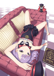 Rule 34 | 1girl, absurdres, arm up, armpits, bare shoulders, barefoot, book, colonel olcott (fate), couch, detached collar, dress, fate/grand order, fate (series), flat chest, foreshortening, frilled dress, frills, hat, unworn hat, unworn headwear, helena blavatsky (fate), highres, laika (sputnik2nd), looking at viewer, lying, on back, pillow, purple eyes, purple hair, short hair, simple background, solo, strapless, strapless dress, white background