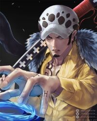 Rule 34 | 1boy, artist name, black hair, blue eyes, chest tattoo, collarbone, collared shirt, earrings, english text, facial hair, fur trim, goatee, hand tattoo, hat, highres, holding, holding sword, holding weapon, jewelry, long sideburns, male focus, one piece, open mouth, sheath, sheathed, shirt, sideburns, solo, sword, tattoo, trafalgar law, wandzardeen, weapon, yellow shirt