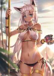 Rule 34 | 1girl, :q, absurdres, ahoge, alcohol, animal ears, anklet, backlighting, bare shoulders, bikini, bilibili xiaolu, black bikini, blue eyes, breasts, chalice, cleavage, commentary request, cowboy shot, criss-cross halter, cup, earrings, egyptian clothes, fox ears, chalice, halterneck, highres, holding, hololive, jewelry, long hair, looking at viewer, medium breasts, navel, outdoors, polearm, revealing clothes, shirakami fubuki, side-tie bikini bottom, silver hair, smile, solo, standing, stomach, swimsuit, tongue, tongue out, very long hair, virtual youtuber, weapon, wine