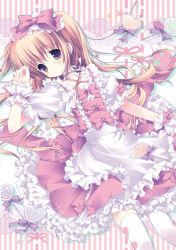 Rule 34 | 1girl, apron, blush, bow, brown hair, candy, dress, food, frilled apron, frilled dress, frills, hair ribbon, heart, heart print, lolita fashion, lollipop, long hair, looking at viewer, morinaga korune, original, pink bow, pink dress, print thighhighs, puffy short sleeves, puffy sleeves, purple eyes, ribbon, short sleeves, smile, solo, star (symbol), striped, striped background, sweet lolita, thighhighs, two side up, vertical stripes, waist apron, white thighhighs, wrist cuffs