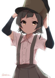 Rule 34 | 10s, 1girl, arare (kancolle), black hair, brown eyes, hat, highres, kantai collection, school uniform, sekina, short hair, simple background, skirt, solo, suspenders, twitter username, white background