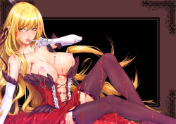 Rule 34 | 10s, 1girl, bad id, bad nicoseiga id, bare shoulders, black thighhighs, blonde hair, blood, blush, breasts, center opening, cleavage, covered erect nipples, dress, elbow gloves, fang, finger to mouth, garter straps, gloves, kiss-shot acerola-orion heart-under-blade, kizumonogatari, large breasts, legs, long hair, monogatari (series), naughty face, nipples, nisemonogatari, oshino shinobu, pointy ears, sitting, solo, thighhighs, thighs, tongue, tongue out, vampire, white gloves, yellow eyes, zucchini