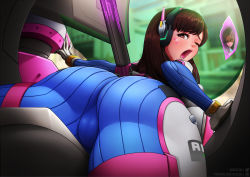 Rule 34 | 2girls, artist name, ass, bad id, bad pixiv id, bodysuit, brown eyes, brown hair, cameltoe, cockpit, d.va (overwatch), facial mark, fat mons, from behind, headphones, holographic monitor, huge ass, long hair, looking back, lying, multiple girls, neocoill, on stomach, one eye closed, open mouth, overwatch, overwatch 1, ribbed bodysuit, skin tight, solo focus, sombra (overwatch), thick thighs, thighs, whisker markings
