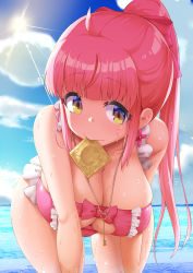 Rule 34 | 1girl, backlighting, beach, bikini, blunt bangs, breasts, brown eyes, cleavage cutout, clothing cutout, cloud, condom, condom in mouth, condom wrapper, frilled swimsuit, frills, hanging breasts, highres, huge breasts, jewelry, kazairo kotone, key, key necklace, leaning forward, long hair, mouth hold, necklace, open swimsuit, pink bikini, pink hair, ponytail, rpg fudousan, shousan bouzu, sidelocks, solo, sunlight, swimsuit, wet