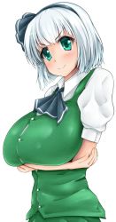 Rule 34 | &gt;:), 1girl, ascot, bad id, bad twitter id, blush, breast hold, breasts, collared shirt, crossed arms, female focus, fingernails, green eyes, green skirt, green vest, hairband, huge breasts, hydrant (kasozama), konpaku youmu, large breasts, shirt, short hair, silver hair, simple background, skirt, smile, smirk, solo, touhou, upper body, v-shaped eyebrows, vest, white background, white shirt