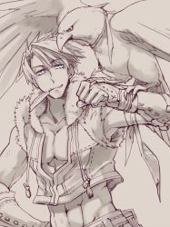 Rule 34 | 1boy, bird, blue eyes, brown theme, commentary request, crop top, dated, eric flay, falcon, falconry, feathers, fur-trimmed gloves, fur-trimmed shirt, fur trim, gloves, grin, looking at animal, looking to the side, male focus, midriff, monochrome, mouth hold, navel, ragnarok online, shirt, short hair, signature, simple background, sleeveless, sleeveless shirt, smile, sniper (ragnarok online), solo, spot color, toned, toned male, upper body