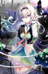 Rule 34 | 1girl, aqua skirt, black jacket, blue eyes, bug, closed mouth, cowboy shot, cropped jacket, firefly, firefly (honkai: star rail), gold trim, hand up, highres, honkai: star rail, honkai (series), insect, jacket, long hair, long sleeves, looking at viewer, neckerchief, orange neckerchief, petals, railing, shirt, skirt, smile, solo, the whale, thighhighs, white hair, white shirt, white thighhighs