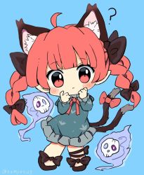 Rule 34 | 1girl, ?, ahoge, animal ear fluff, animal ears, artist name, black bow, black footwear, blue background, blush, bow, cat ears, cat tail, chibi, dress, extra ears, footwear bow, ghost, green dress, hitodama, kaenbyou rin, leg ribbon, multiple tails, necktie, pointy ears, ramudia (lamyun), red bow, red eyes, red hair, ribbon, signature, skull, slit pupils, standing, tail, tail bow, tail ornament, touhou, twitter username, two tails