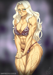 Rule 34 | 1girl, abs, amazon (dragon&#039;s crown), artist name, bare arms, bare shoulders, bikini, blonde hair, blue eyes, blush, breasts, breasts squeezed together, circlet, cleavage, collaboration, colorized, cowboy shot, curvy, dragon&#039;s crown, elee0228, embarrassed, female focus, highres, large breasts, long hair, looking at viewer, lvl (sentrythe2310), muscular, muscular female, polka dot, solo, swimsuit, tattoo, thick thighs, thighs, very long hair, wavy hair