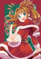 Rule 34 | 1girl, :d, bow, breasts, brown hair, capelet, christmas, clenched hand, dot nose, dress, from behind, fur-trimmed capelet, fur-trimmed skirt, fur-trimmed sleeves, fur trim, green eyes, grid background, hair bow, hair ribbon, high ponytail, highres, hino akane (idolmaster), idolmaster, idolmaster cinderella girls, idolmaster cinderella girls starlight stage, long hair, long sleeves, looking at viewer, looking back, medium breasts, open mouth, outside border, plaid, plaid skirt, ponytail, reaching, reaching towards viewer, red capelet, red dress, red ribbon, ribbon, santa dress, signature, skirt, smile, smirs, solo, two-tone background, v