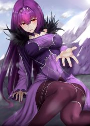 Rule 34 | 1girl, awu, blush, breasts, cloud, cloudy sky, covered navel, dress, fate/grand order, fate (series), fur trim, hair between eyes, highres, knees together feet apart, large breasts, long hair, looking at viewer, mountain, open mouth, outdoors, outstretched hand, pantyhose, purple dress, purple hair, red eyes, scathach (fate), scathach skadi (fate), sky, solo, tiara, wide sleeves
